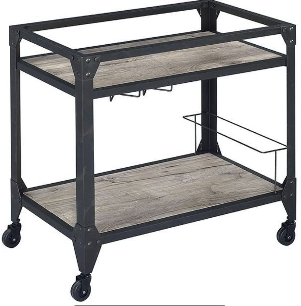 Rustic industrial bar cart with grey wood shelves and black metal frame