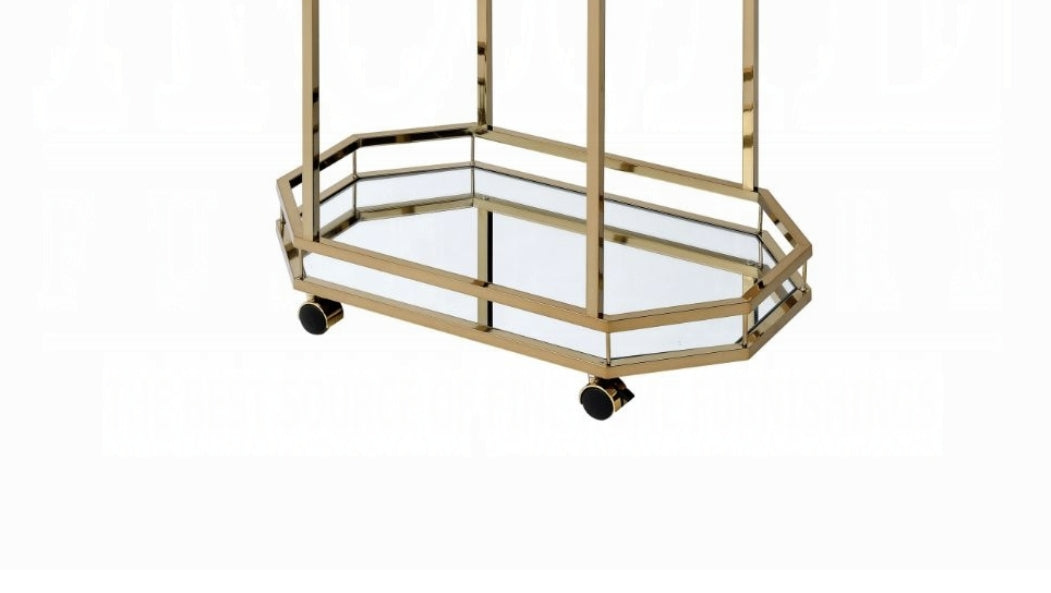 Gold bar cart with mirrored shelves and wheels