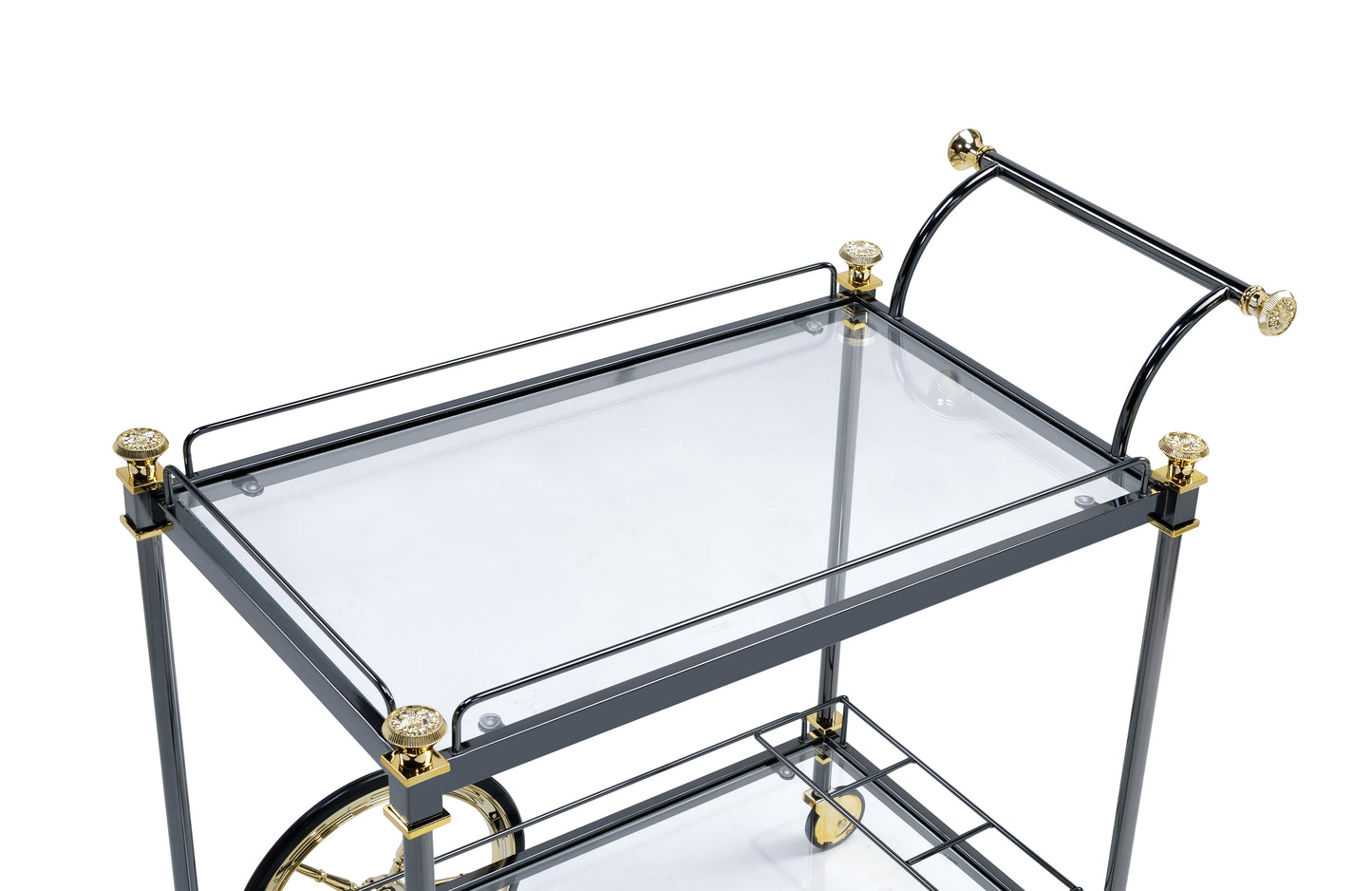 Elegant black metal bar cart with glass shelves and gold accents