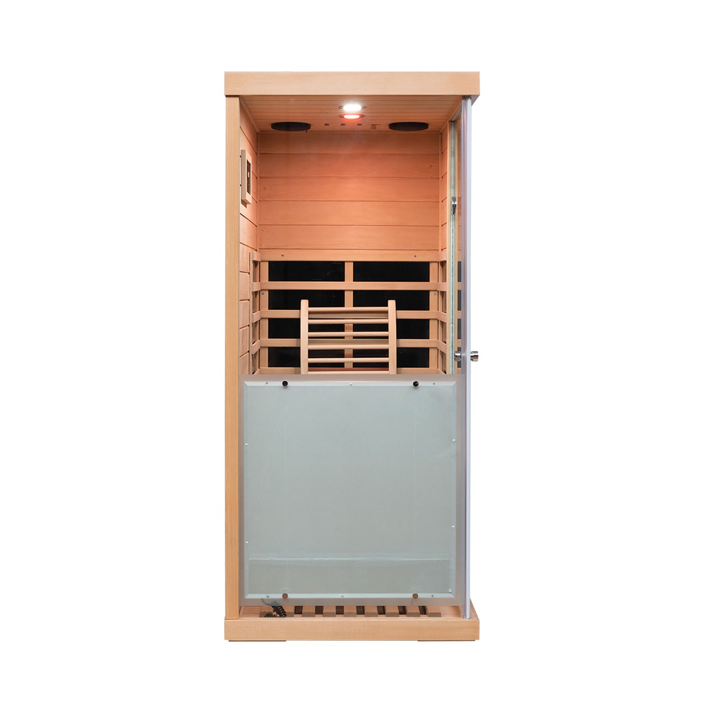 Compact cedar sauna cabin with glass door and interior wood bench