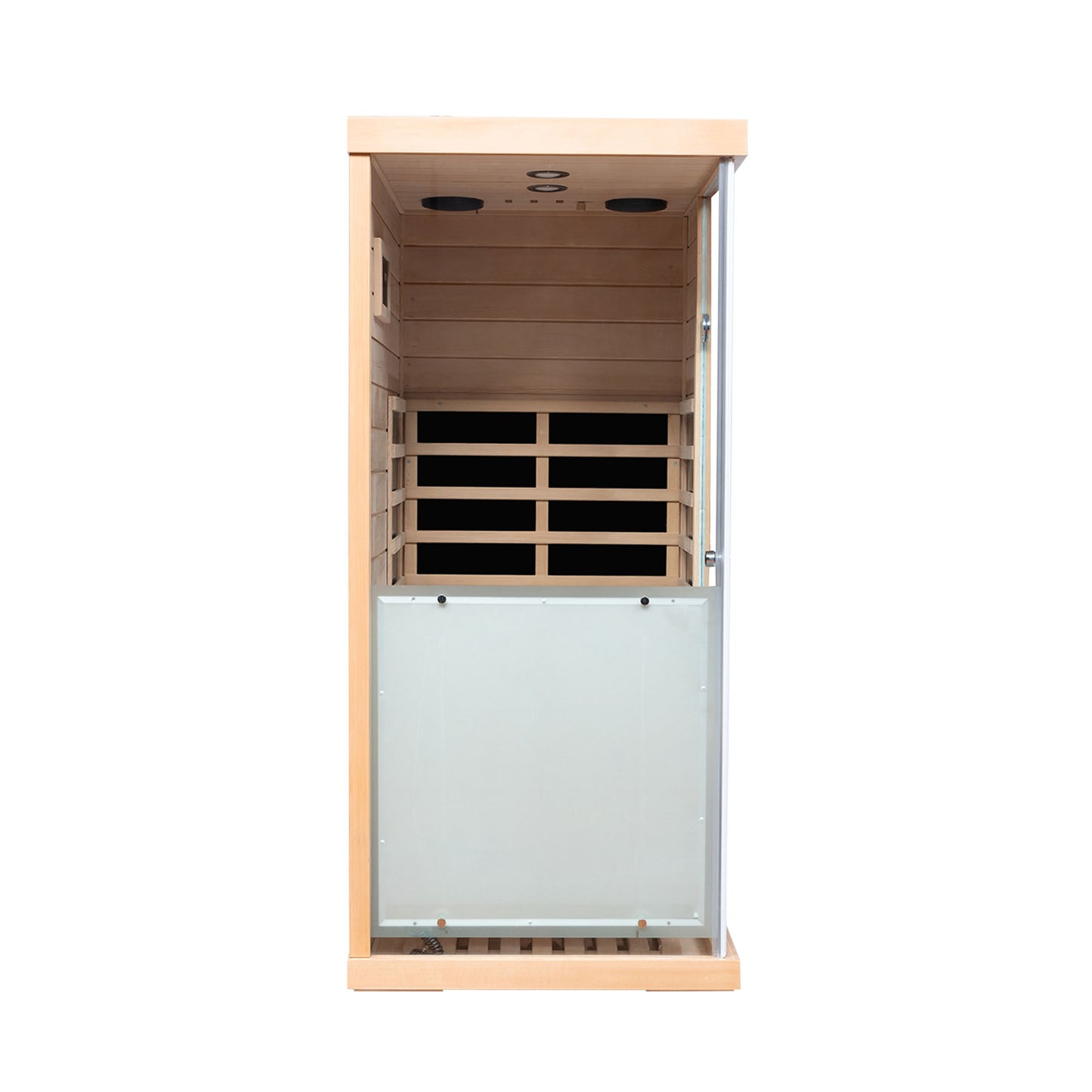 Wooden infrared sauna cabin with glass door and slatted interior seating ideal for home relaxation