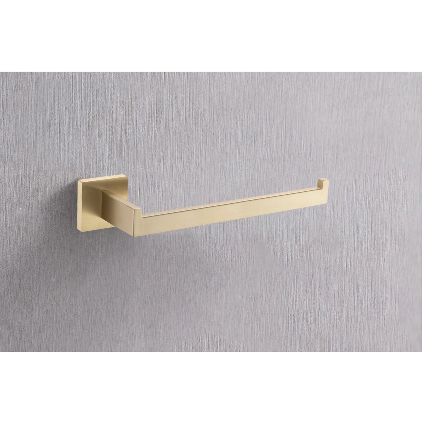 Modern brass toilet paper holder with a square base and brushed finish