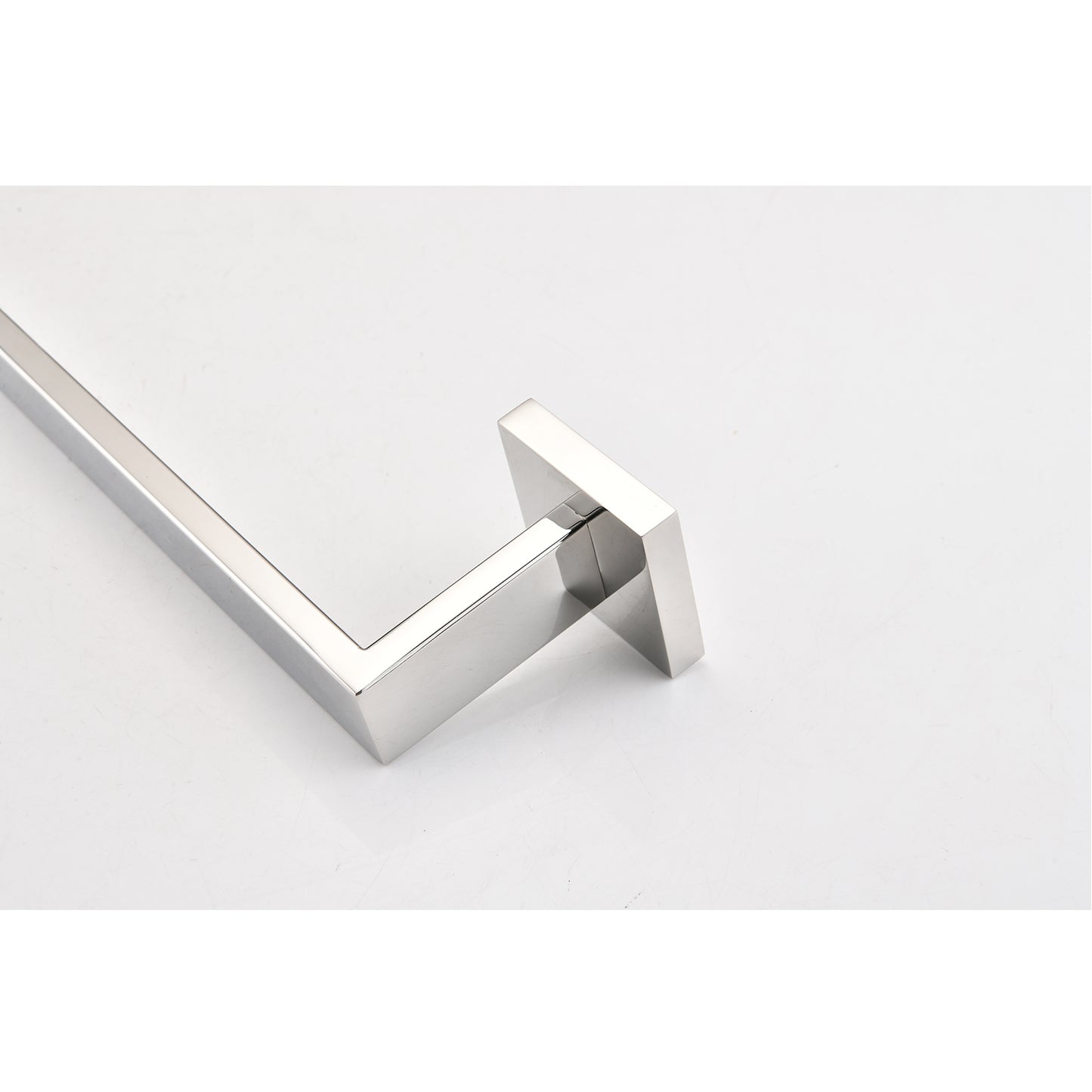 Sleek brushed nickel towel bar with modern square base for bathroom organization