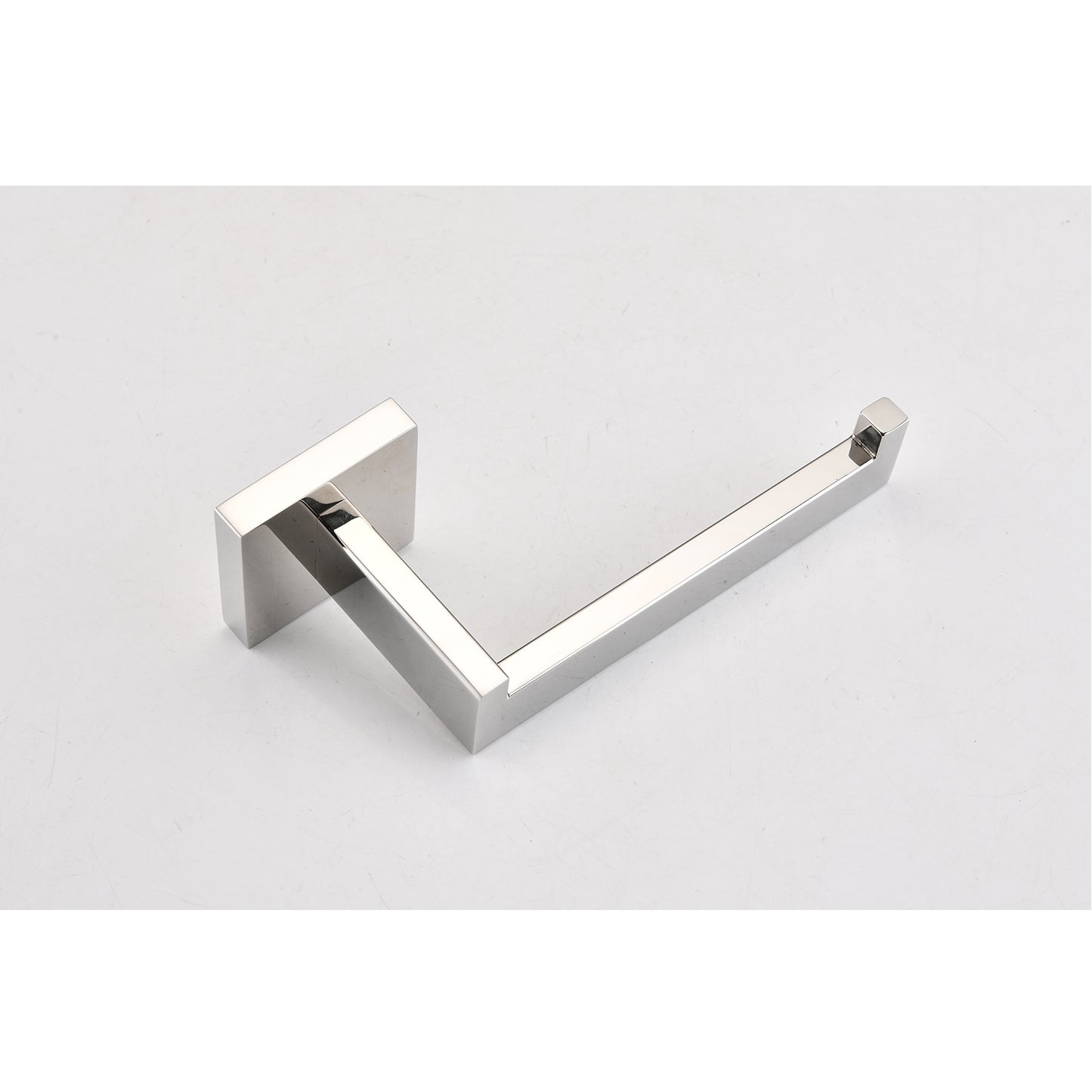 Sleek modern chrome wallmounted toilet paper holder with a minimalist design