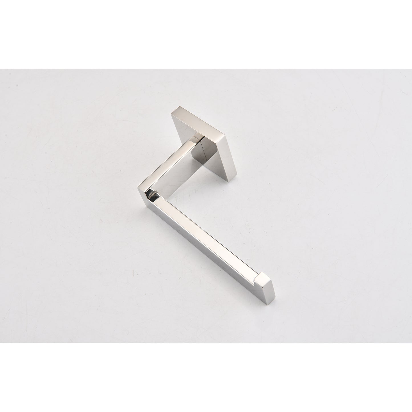 Sleek brushed nickel toilet paper holder with a modern square base and minimalist design for bathrooms