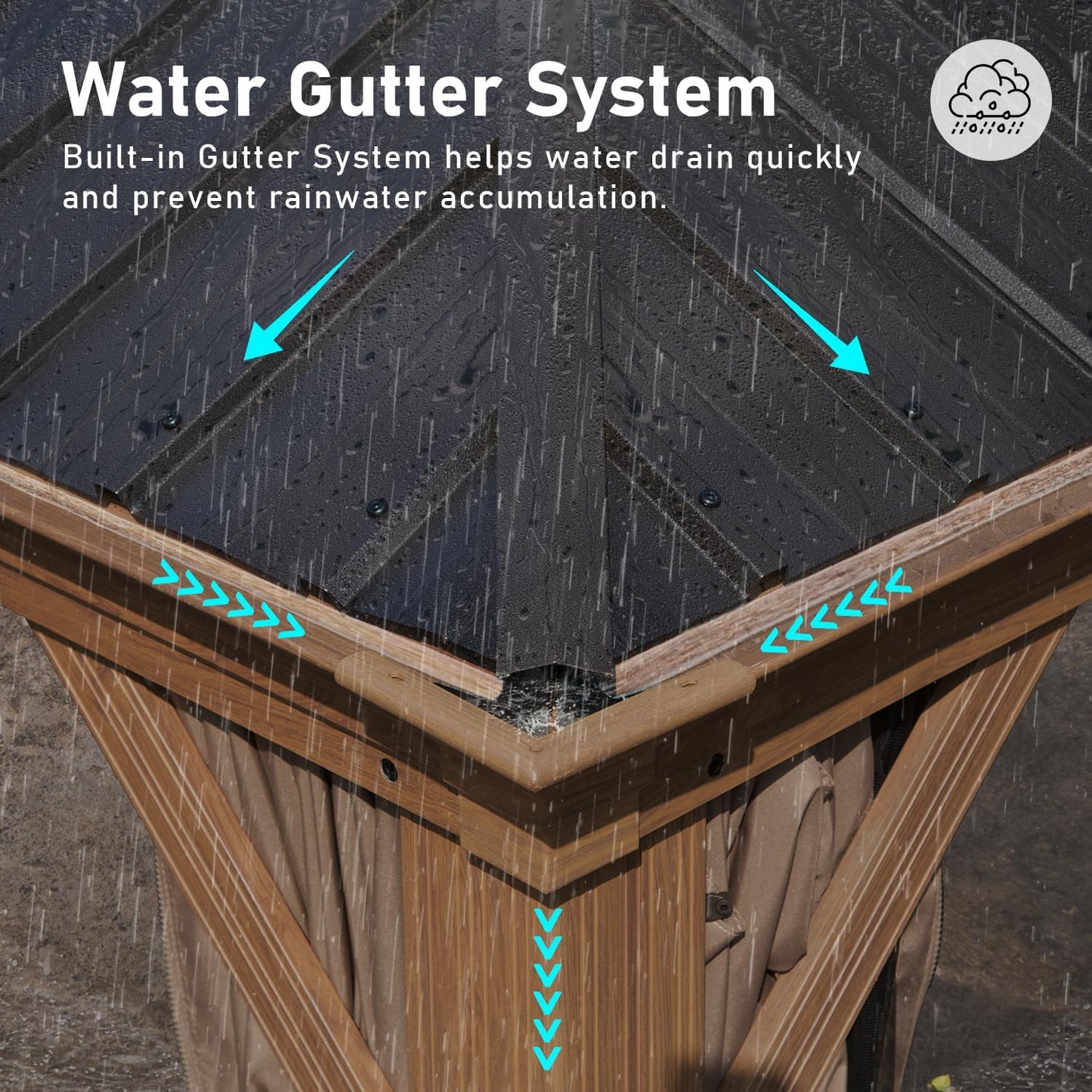 Dark grey metal roof with integrated water gutter system guiding rain