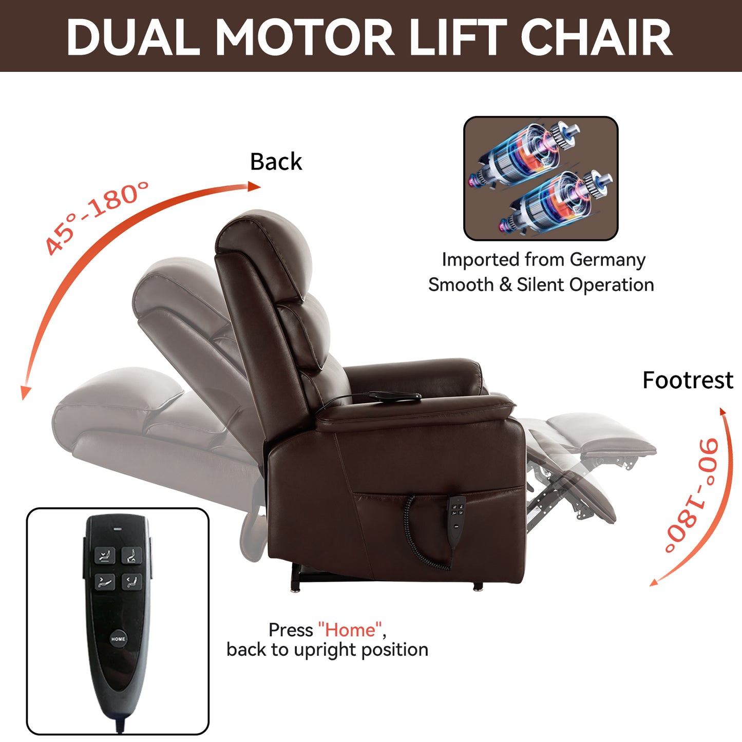 Brown leather dual motor lift chair with adjustable back and footrest