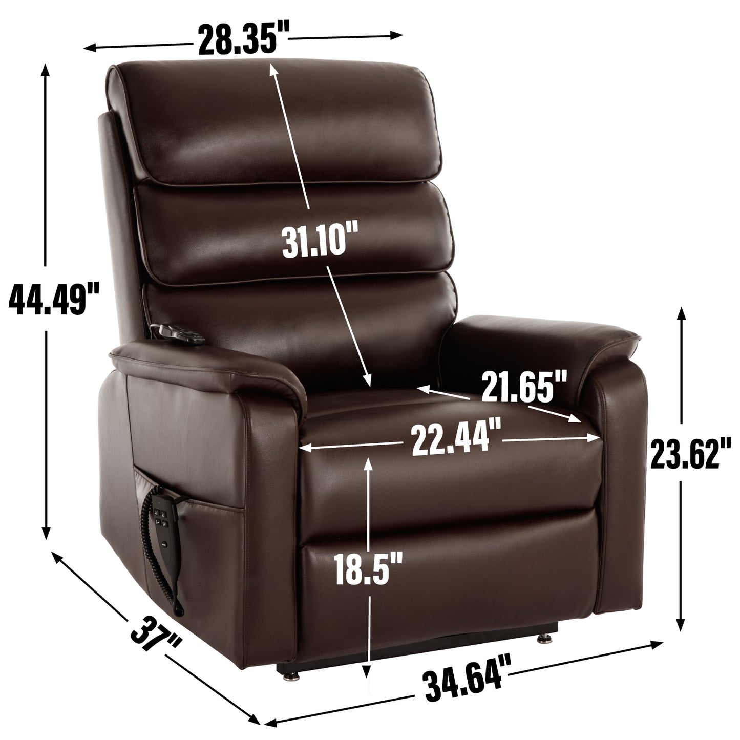Brown leather power lift recliner chair with padded headrest and armrests