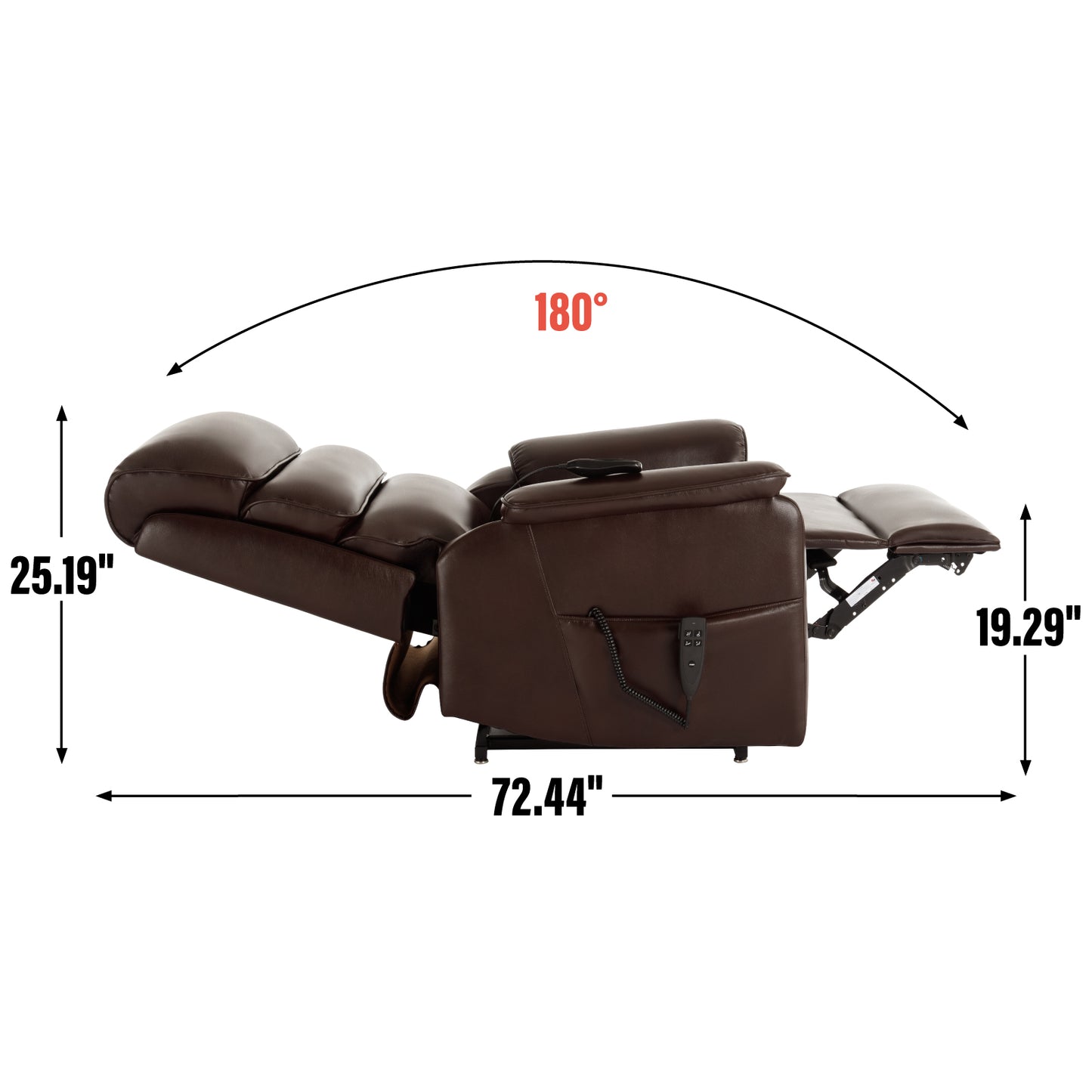 Brown leather power recliner chair shown reclined degrees side view