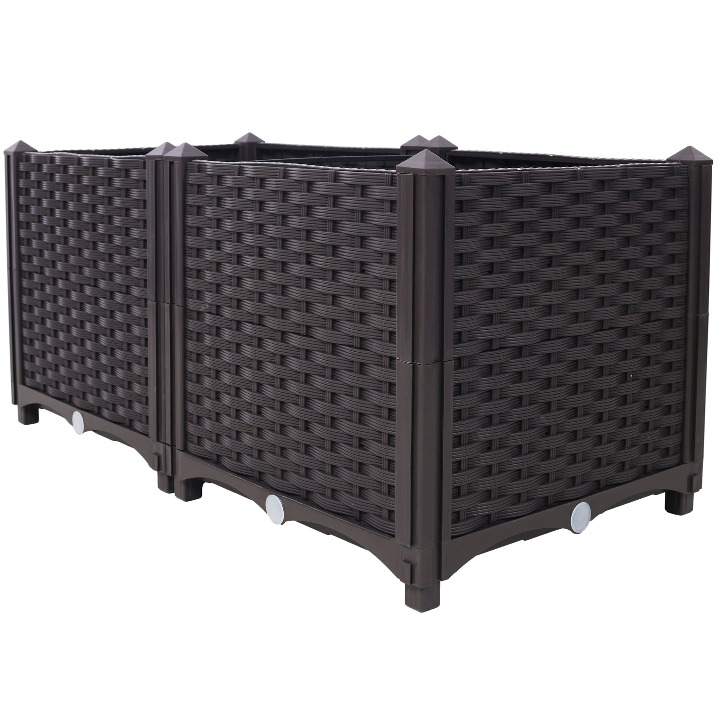 Dark brown rattan raised garden bed with a woven texture and decorative corner caps