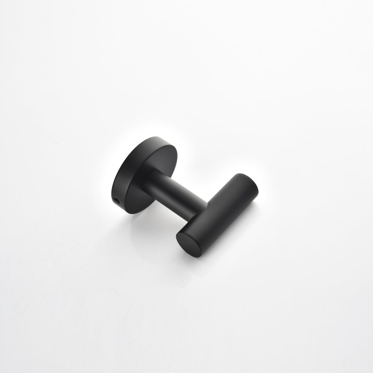 Matte black metal wall hook with a minimalist cylindrical design for bathroom towels