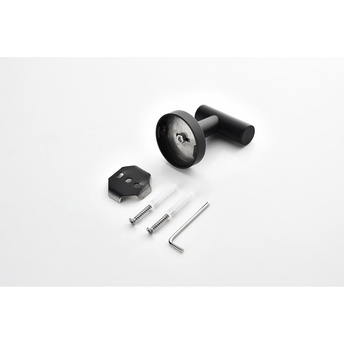 Black modern coat hook with included mounting hardware and allen wrench