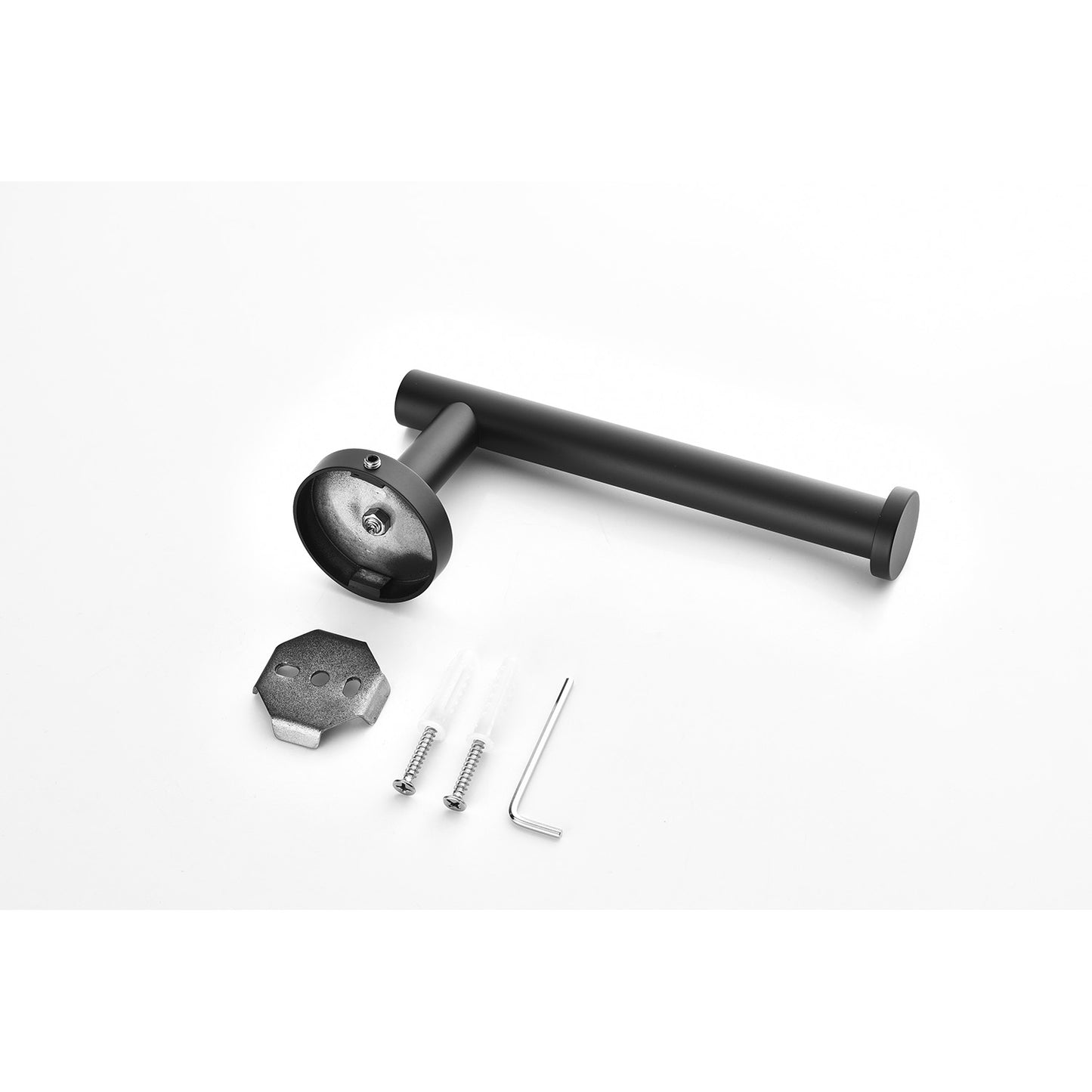 Matte black toilet paper holder with mounting hardware included