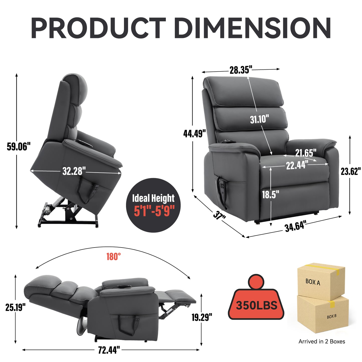 Gray power lift recliner with dimension labels showing height width and depth