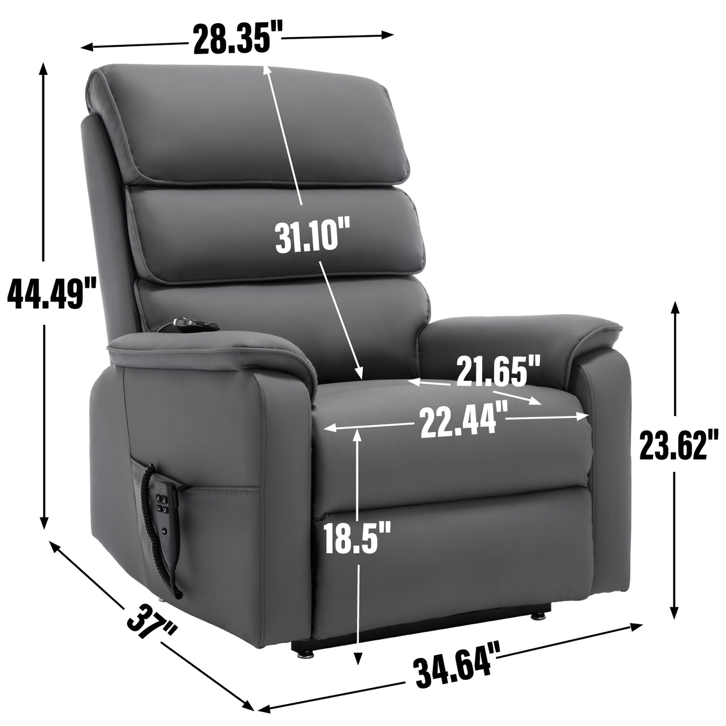 Grey upholstered power lift recliner with plush cushioning and remote control