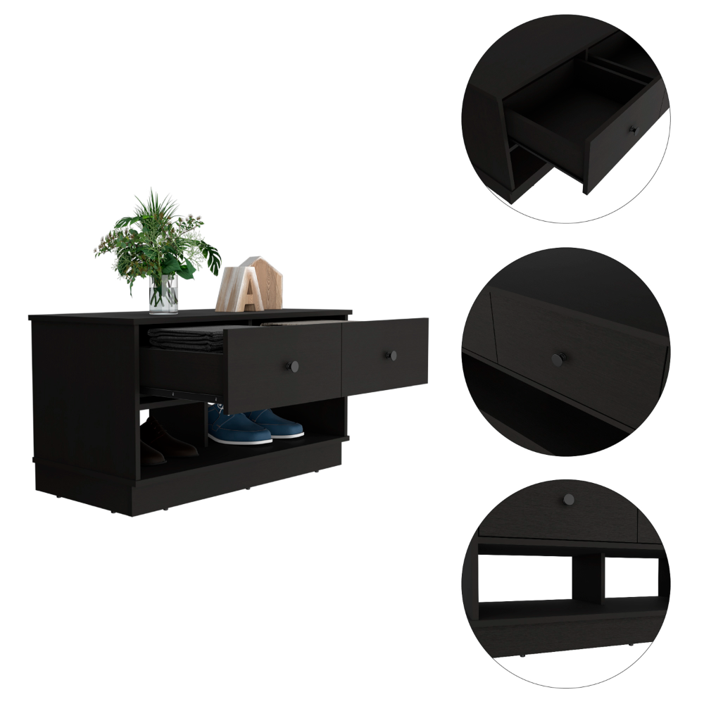 Modern black shoe cabinet with two drawers and open shelf