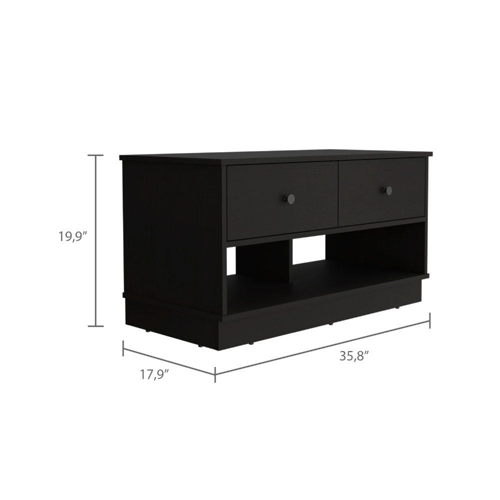 Black wood TV stand with two drawers and open shelves