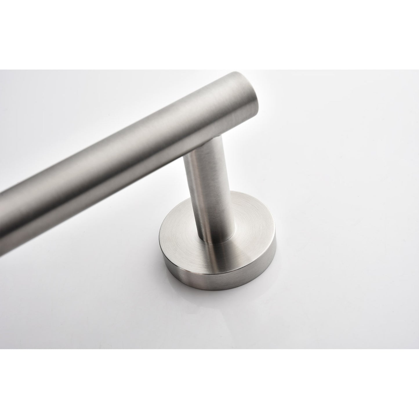 Sleek brushed nickel towel bar with modern circular base