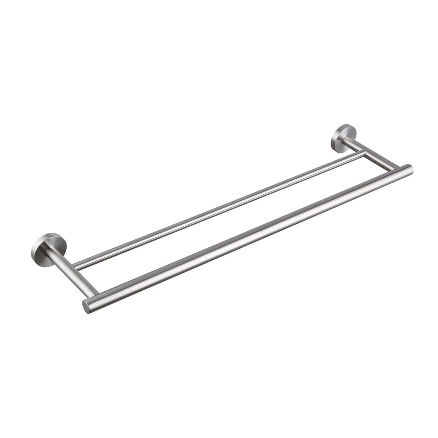 Brushed nickel double towel bar with a sleek modern design