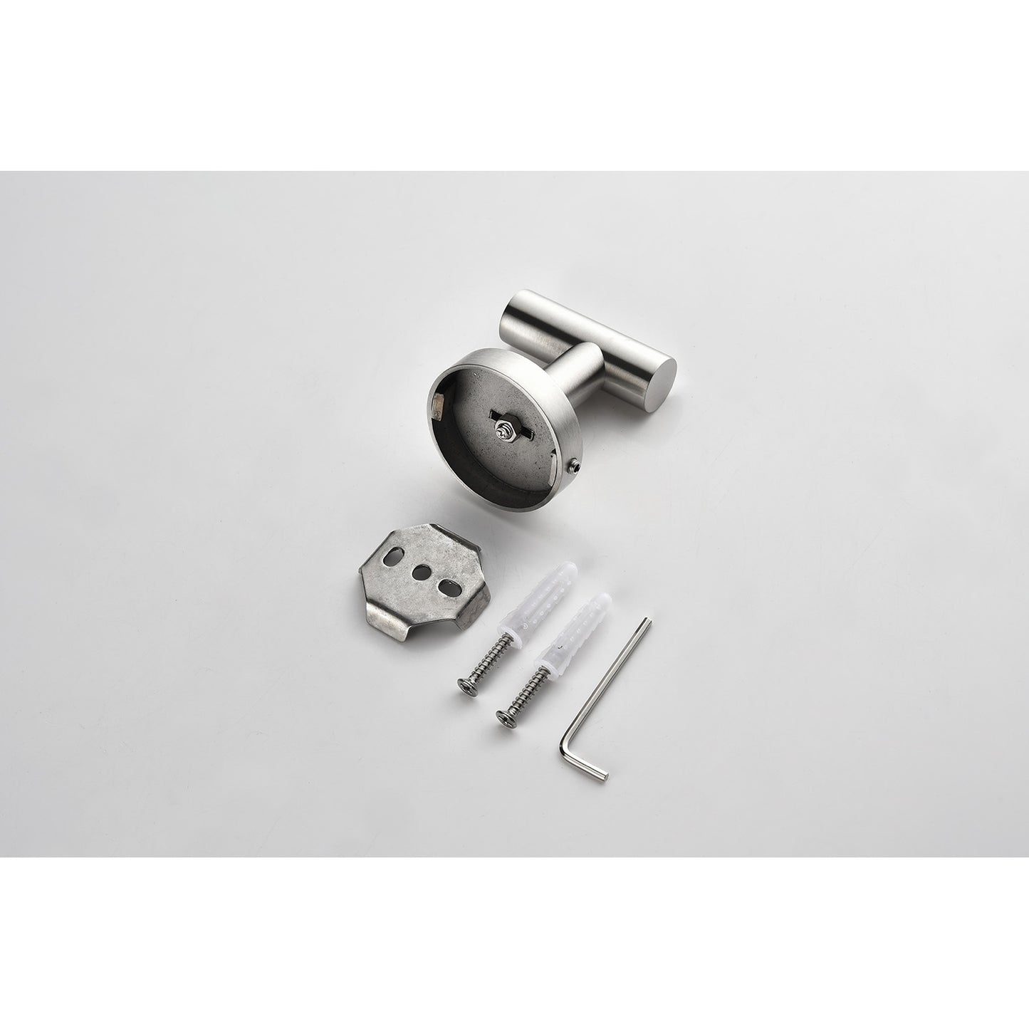 Brushed nickel single robe hook with mounting hardware included