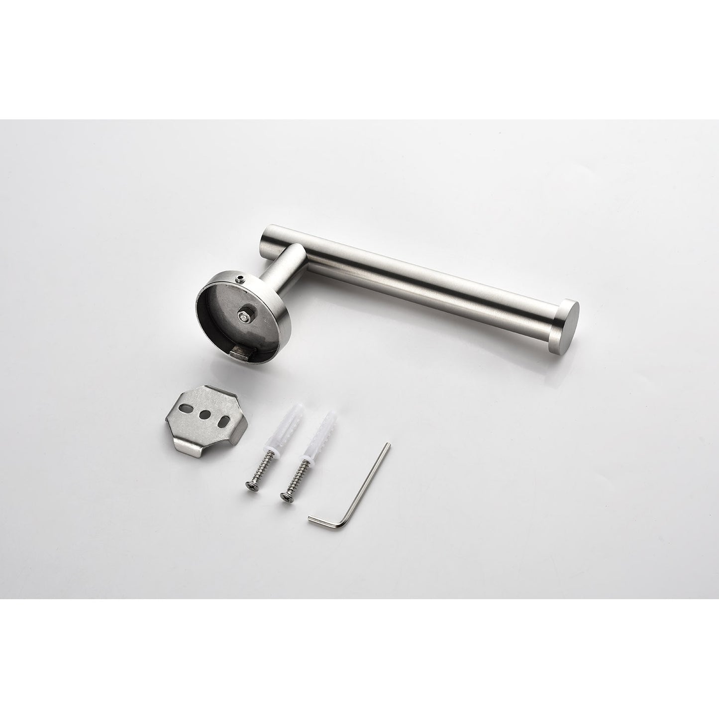 Sleek stainless steel toilet paper holder with included wall mounting hardware