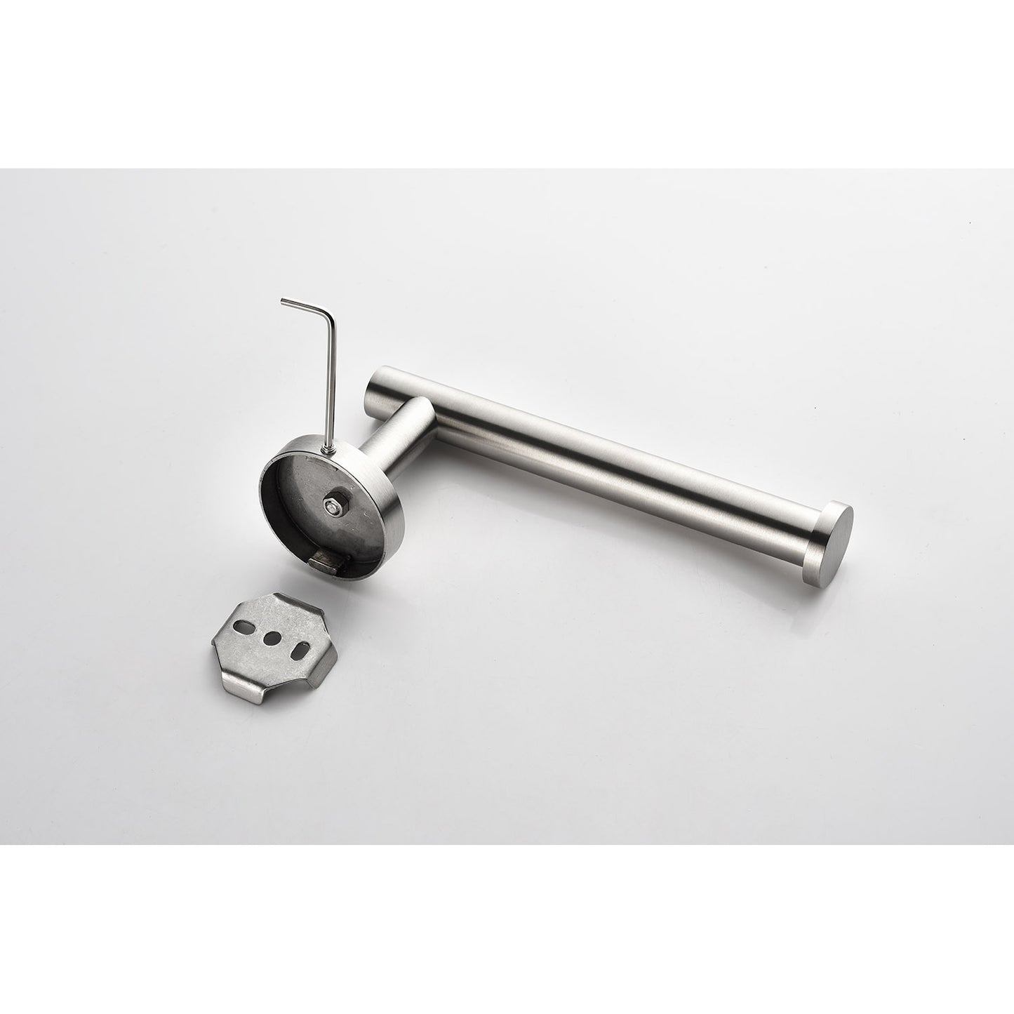 Brushed nickel toilet paper holder with wall mount plate and allen wrench for installation