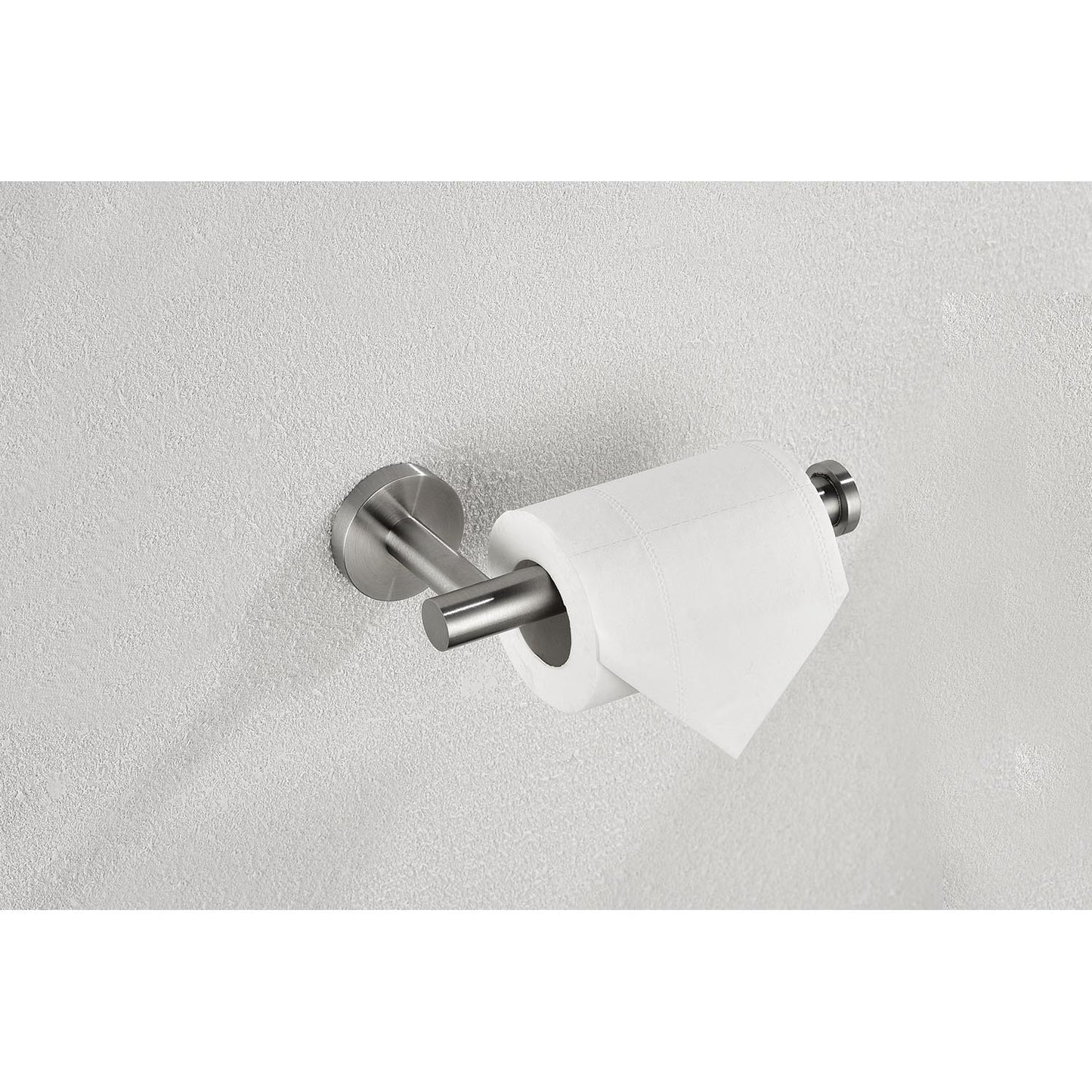 Modern brushed nickel toilet paper holder with white roll mounted on textured wall