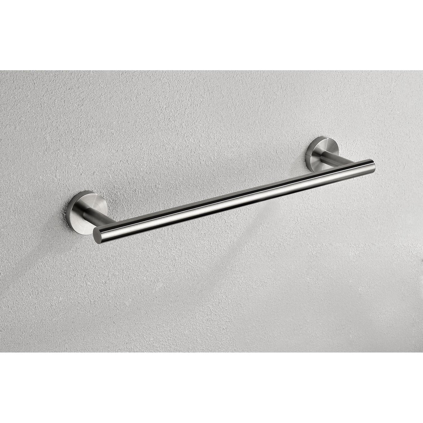 Sleek stainless steel towel bar with brushed finish mounted on textured gray wall
