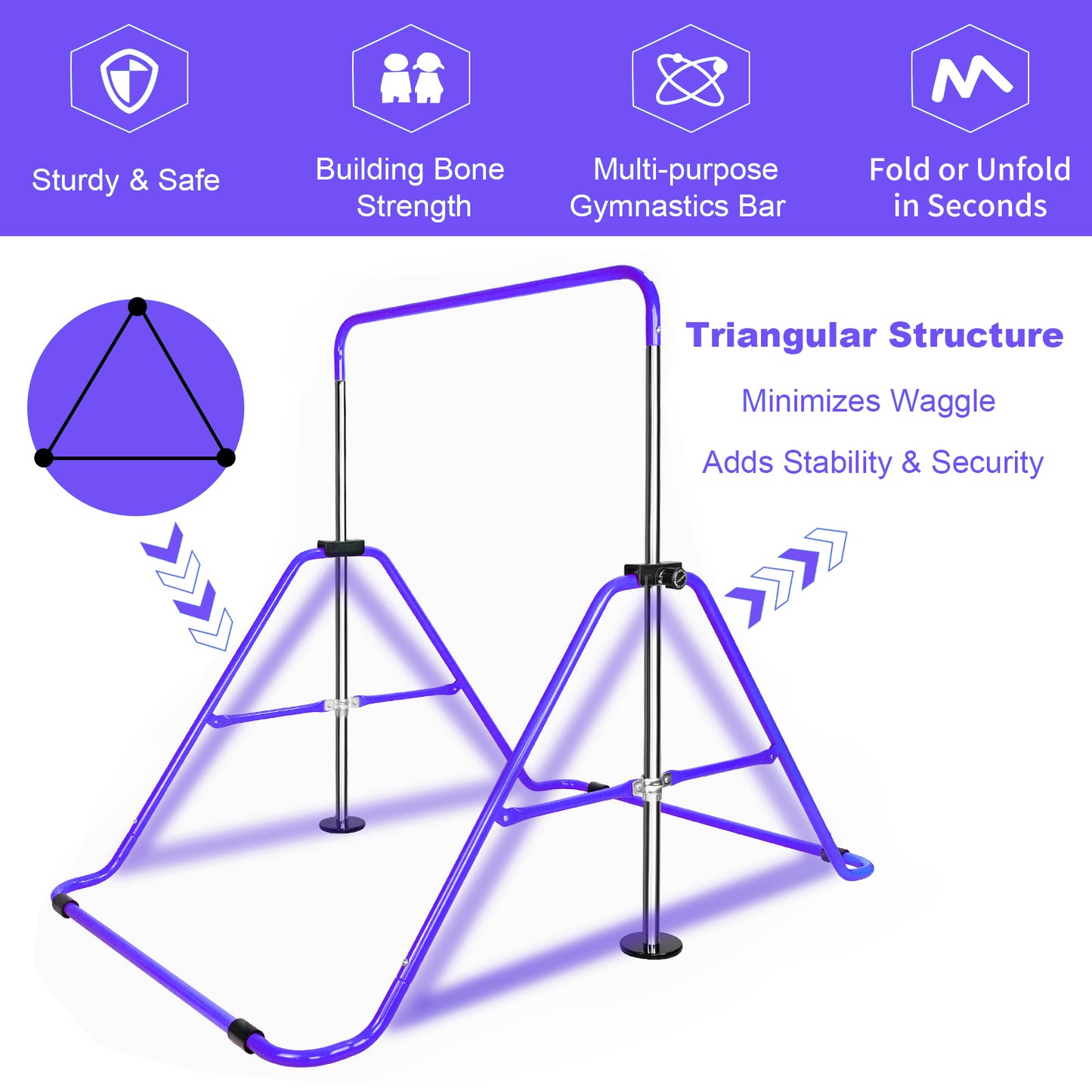 Purple triangular gymnastics bar with steel supports for child training