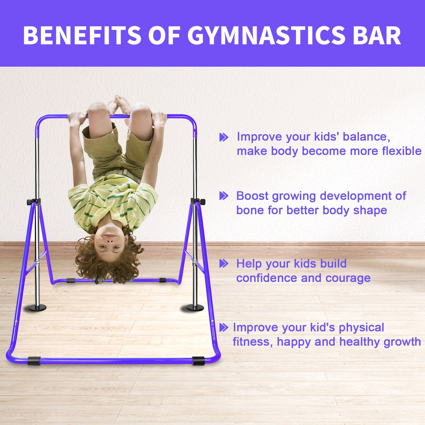 Purple kids gymnastics bar with a child hanging upside down promoting balance