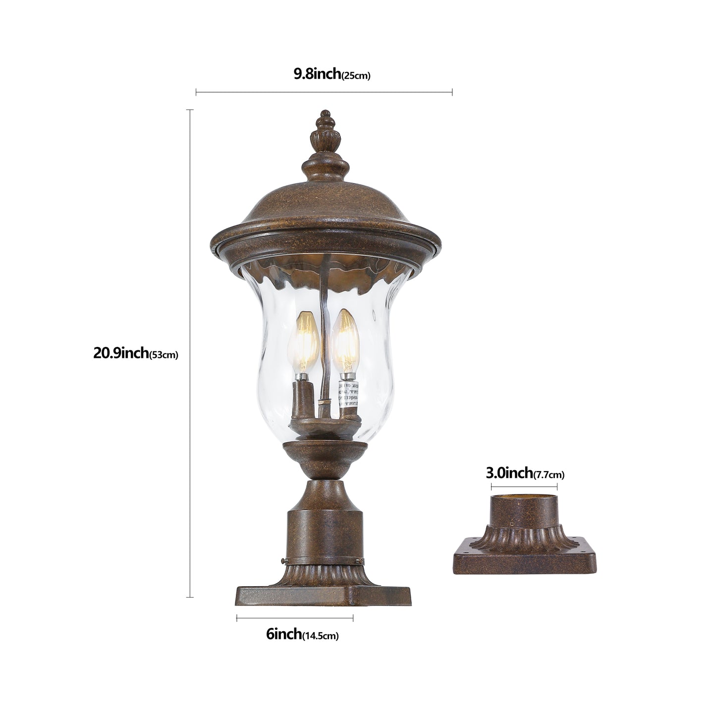 Antique bronze outdoor post light with clear glass shade and two vintage bulbs