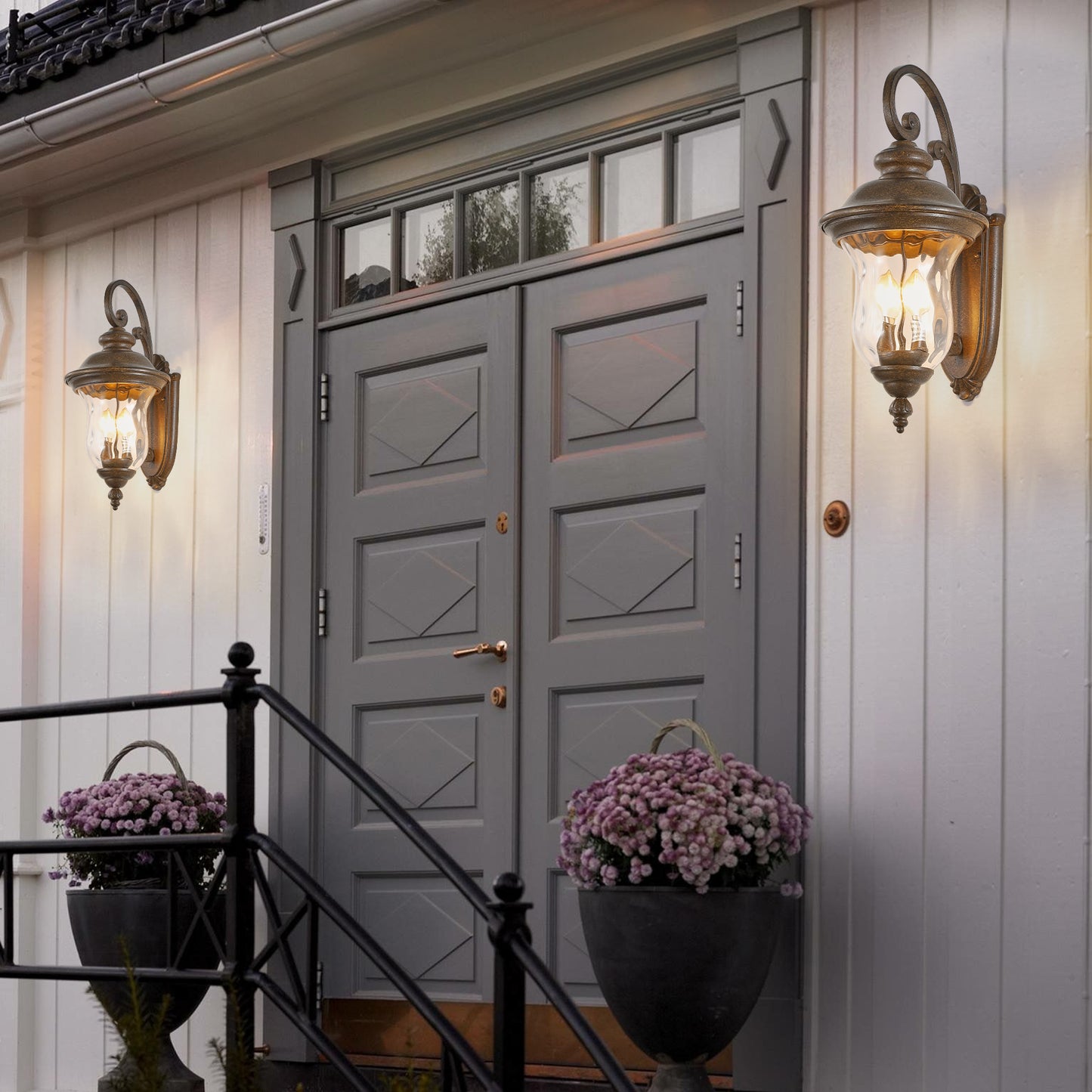 Classic bronze outdoor wall lantern with clear seeded glass and two bulbs