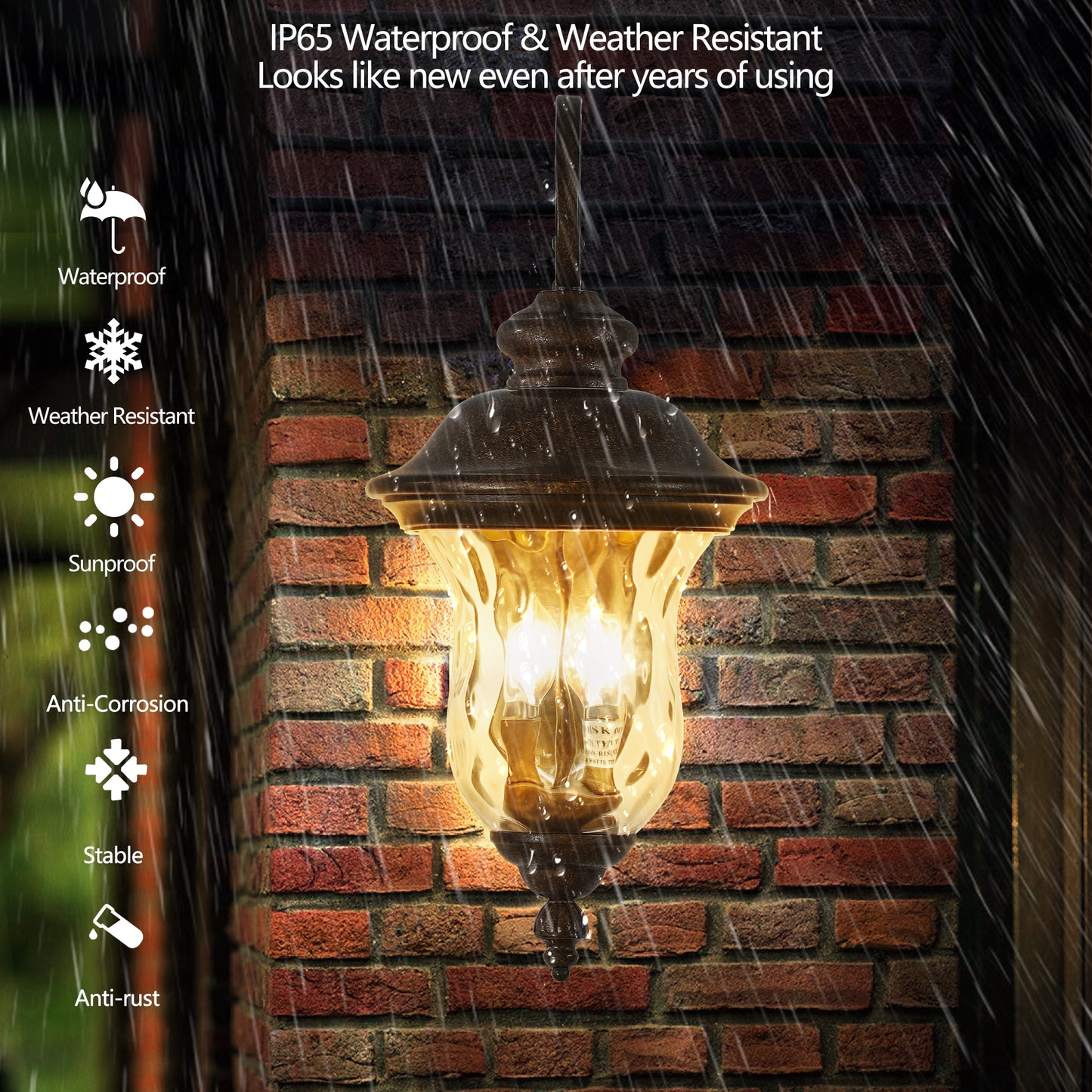 Bronze hanging lantern with amber glass globe lit during heavy rain