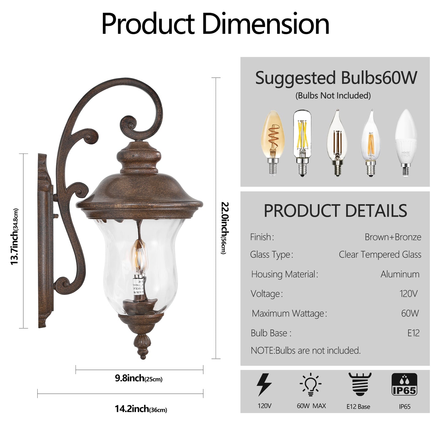 Brownbronze outdoor wall light with clear tempered glass and aluminum housing