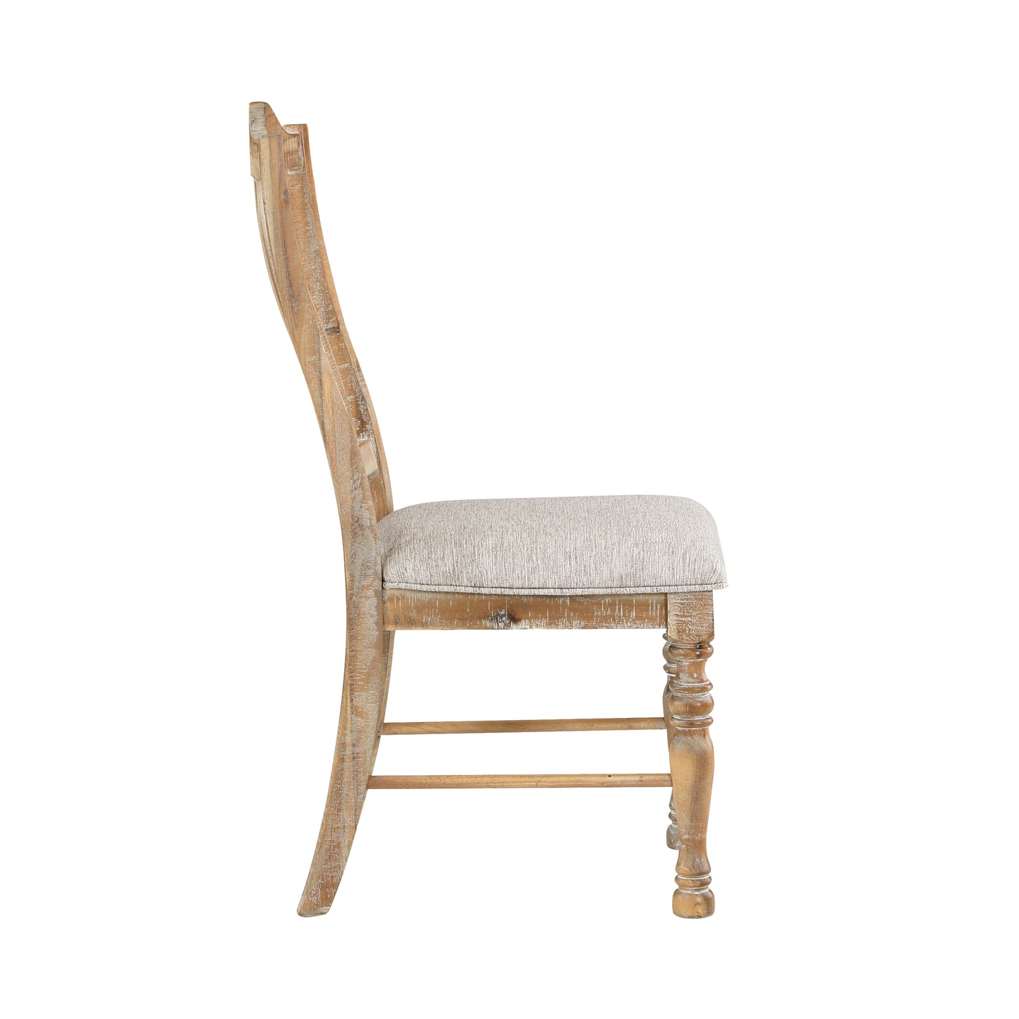 Distressed wood dining chair with light gray upholstered seat ideal for farmhouse kitchens