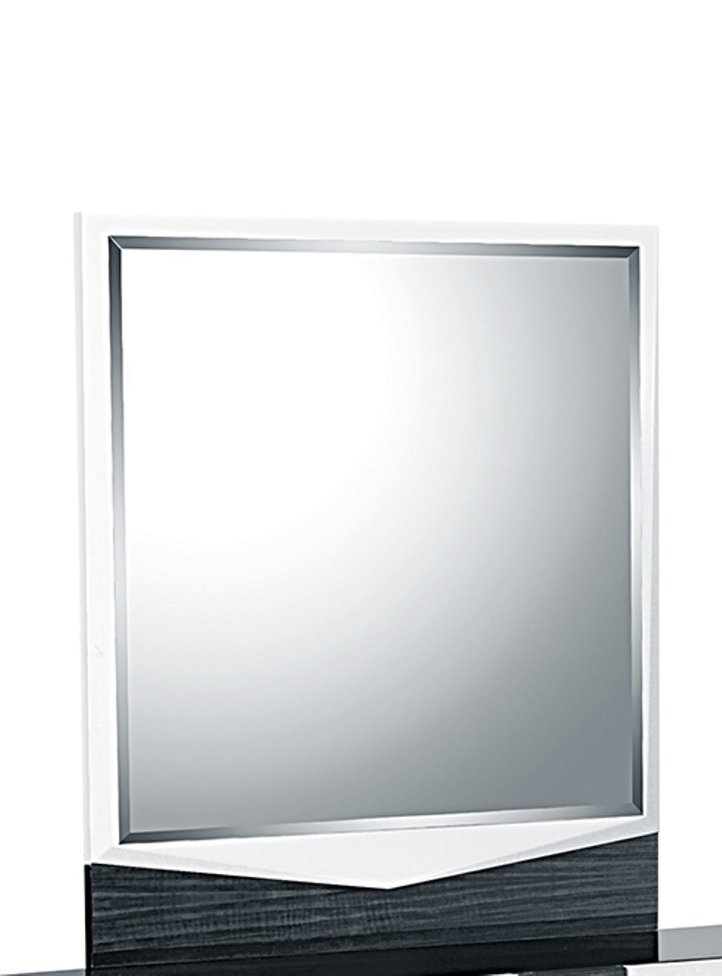 Modern rectangular vanity mirror with a white frame and dark wood base