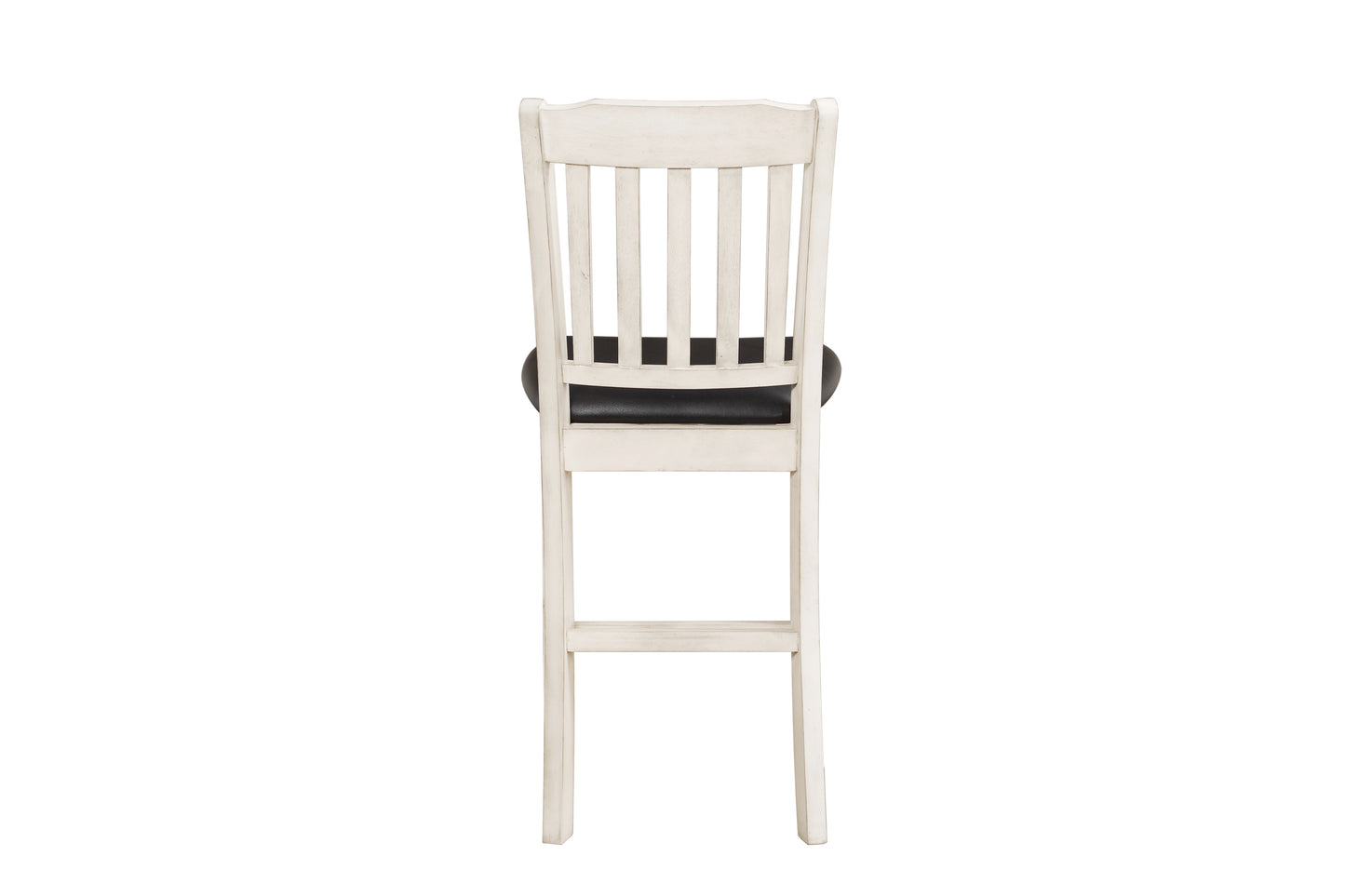 Distressed white farmhouse bar stool with black vinyl seat and slatted back