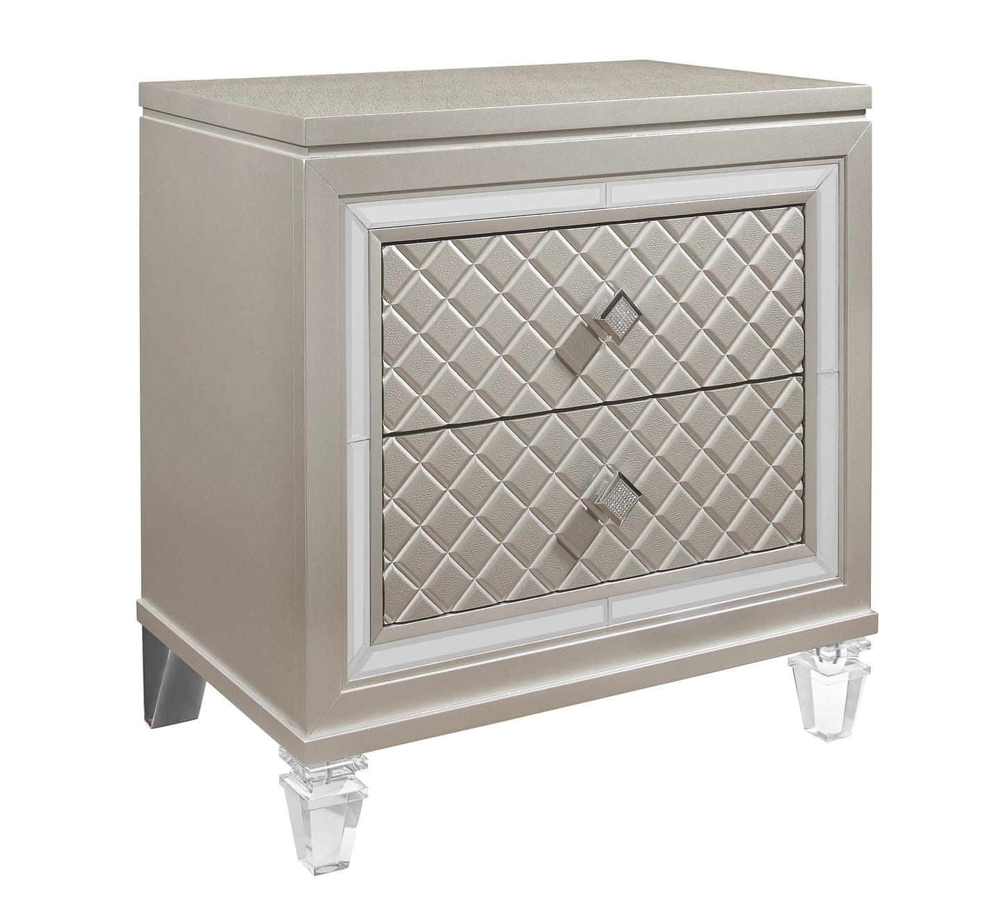 Champagne finished twodrawer nightstand with diamond tufted drawer fronts and crystal knobs
