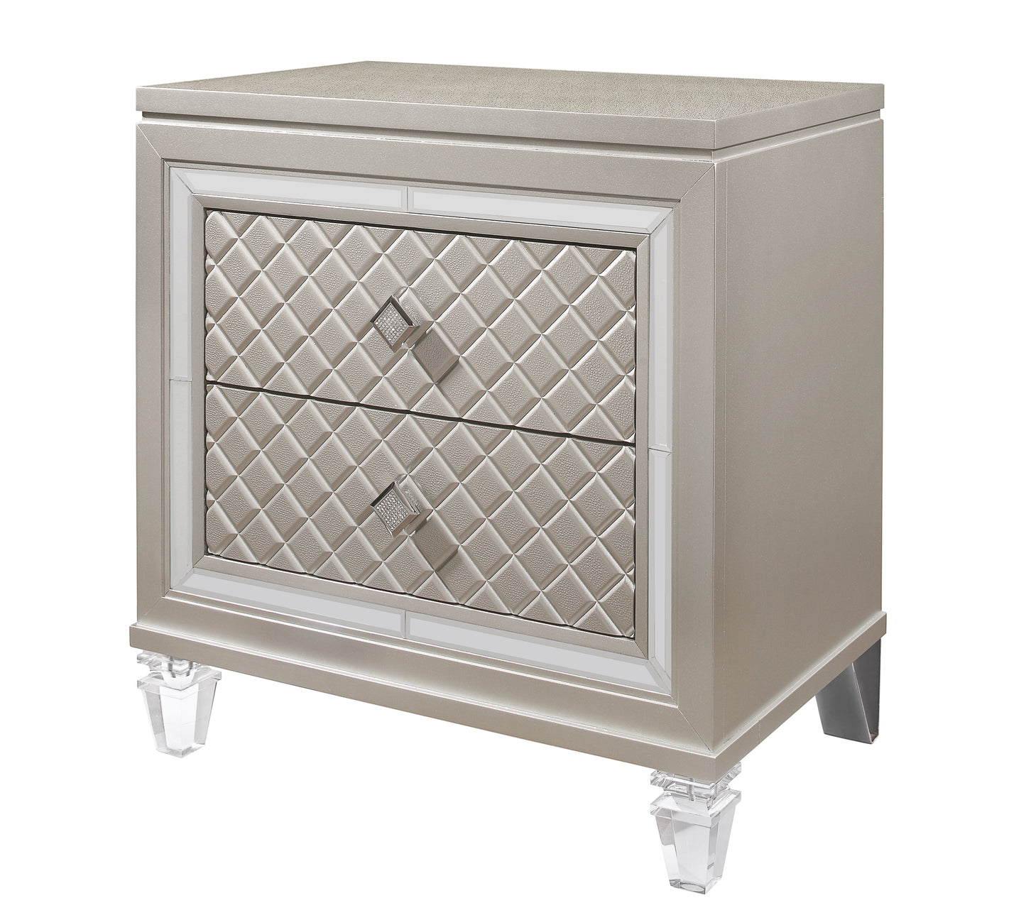 Glamorous champagne gold nightstand with two diamondtufted drawers and crystal hardware