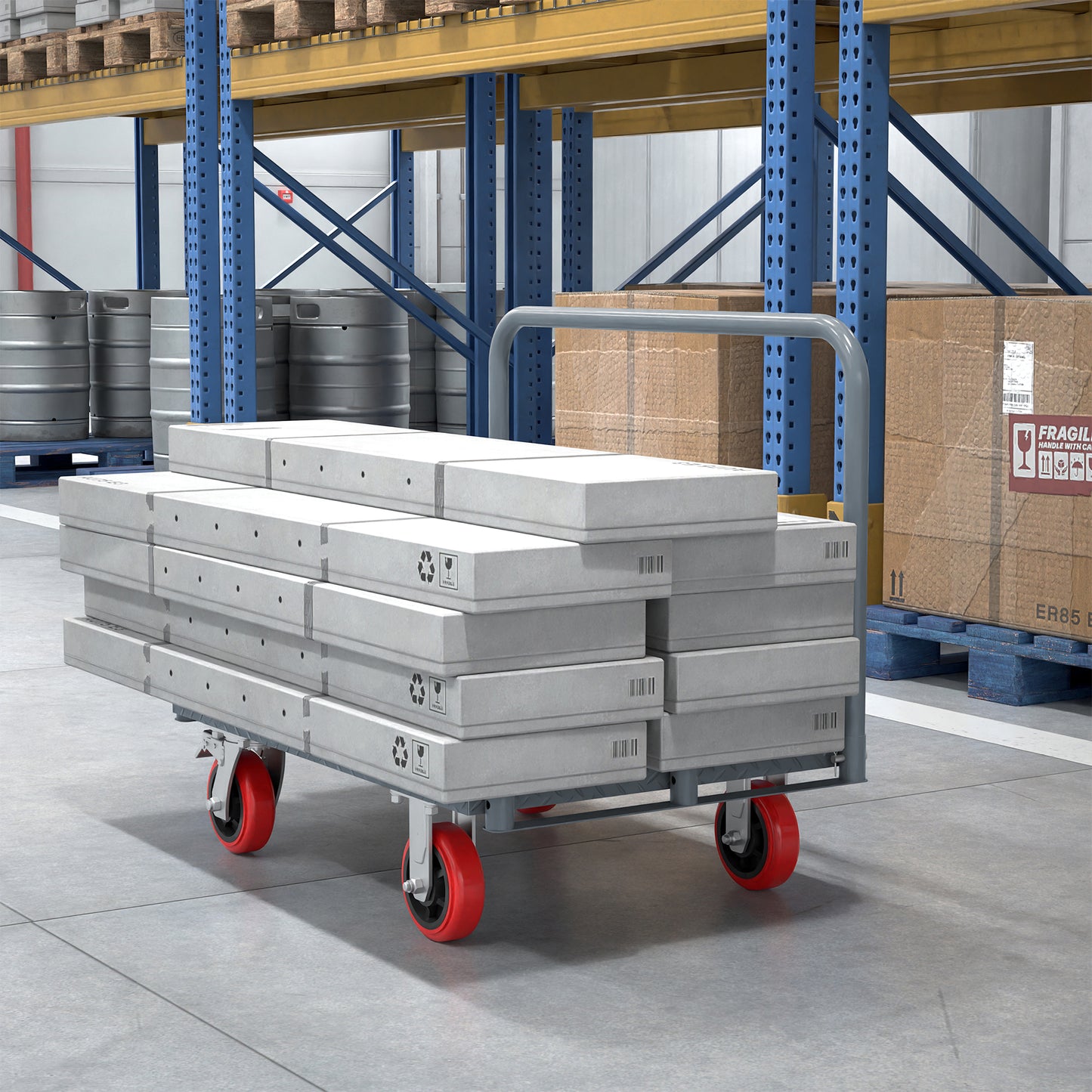 Stacked concrete slabs on a grey industrial cart with red wheels