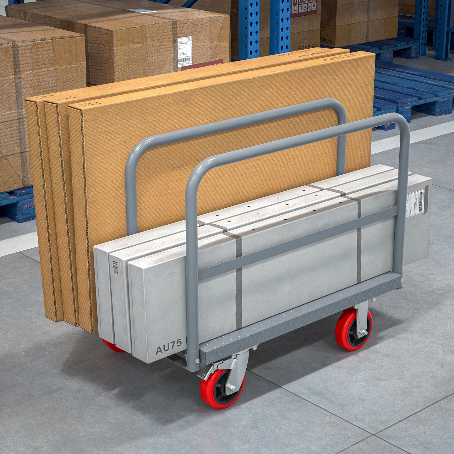 Gray steel utility cart loaded with large rectangular cardboard boxes ideal for moving goods