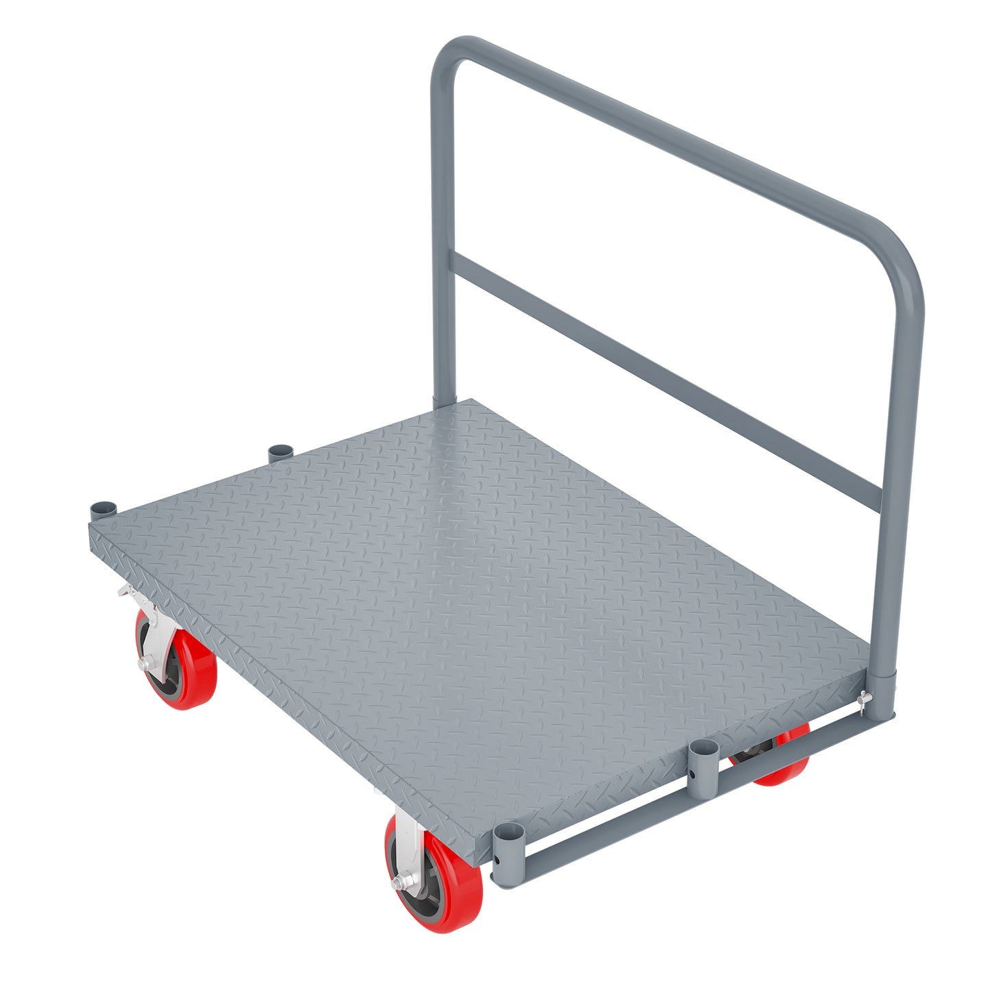 Gray metal platform cart with a push handle and red wheels