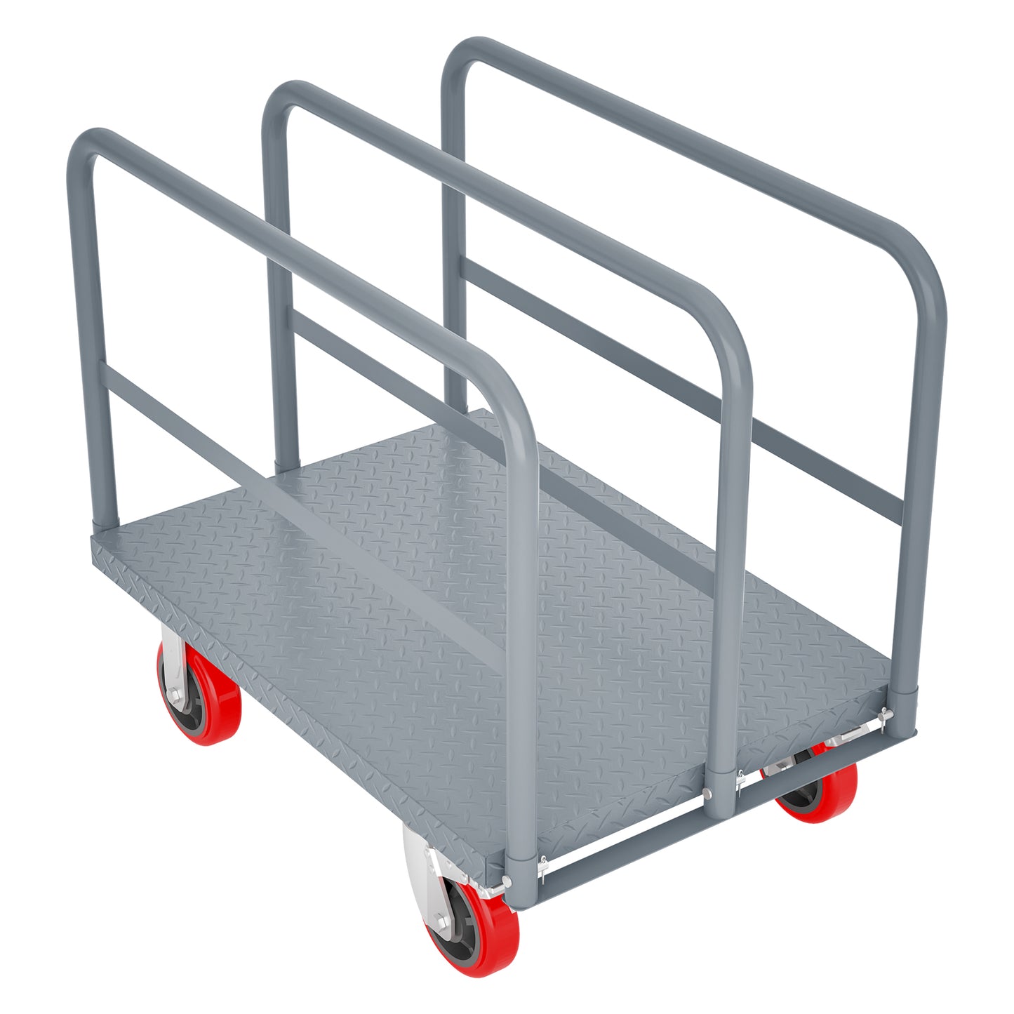 Gray industrial platform cart with red wheels for moving goods
