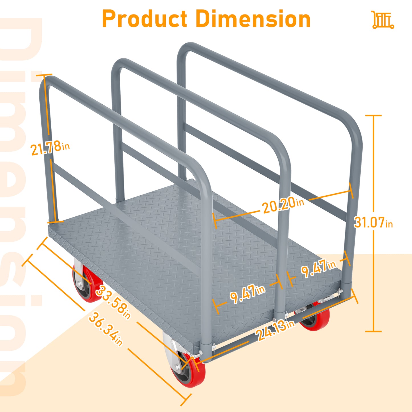 Grey steel utility cart with diamond plate deck and red wheels inches long