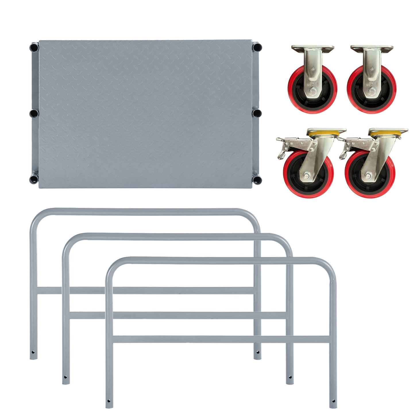 Gray diamond plate platform with four red and silver heavy duty casters