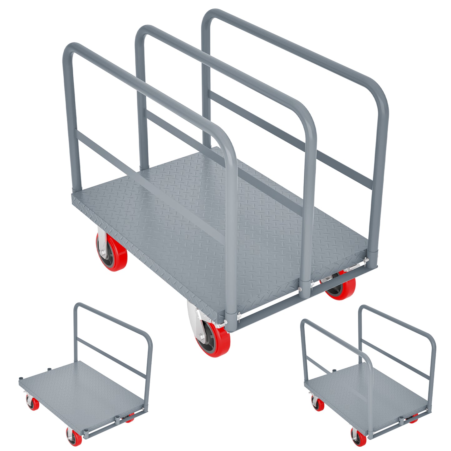 Gray metal platform cart with diamond plate deck and red wheels