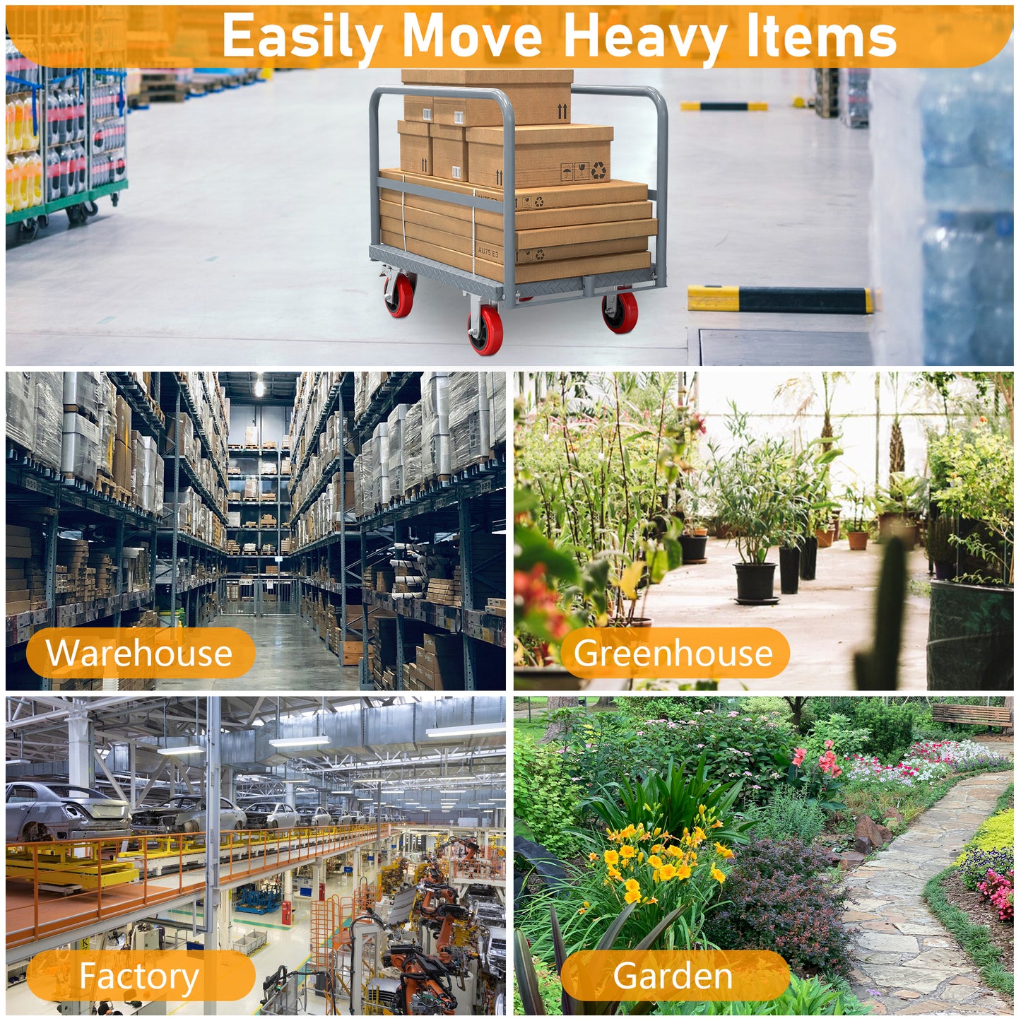 Gray metal dolly cart loaded with stacked cardboard boxes for easy transport in a warehouse