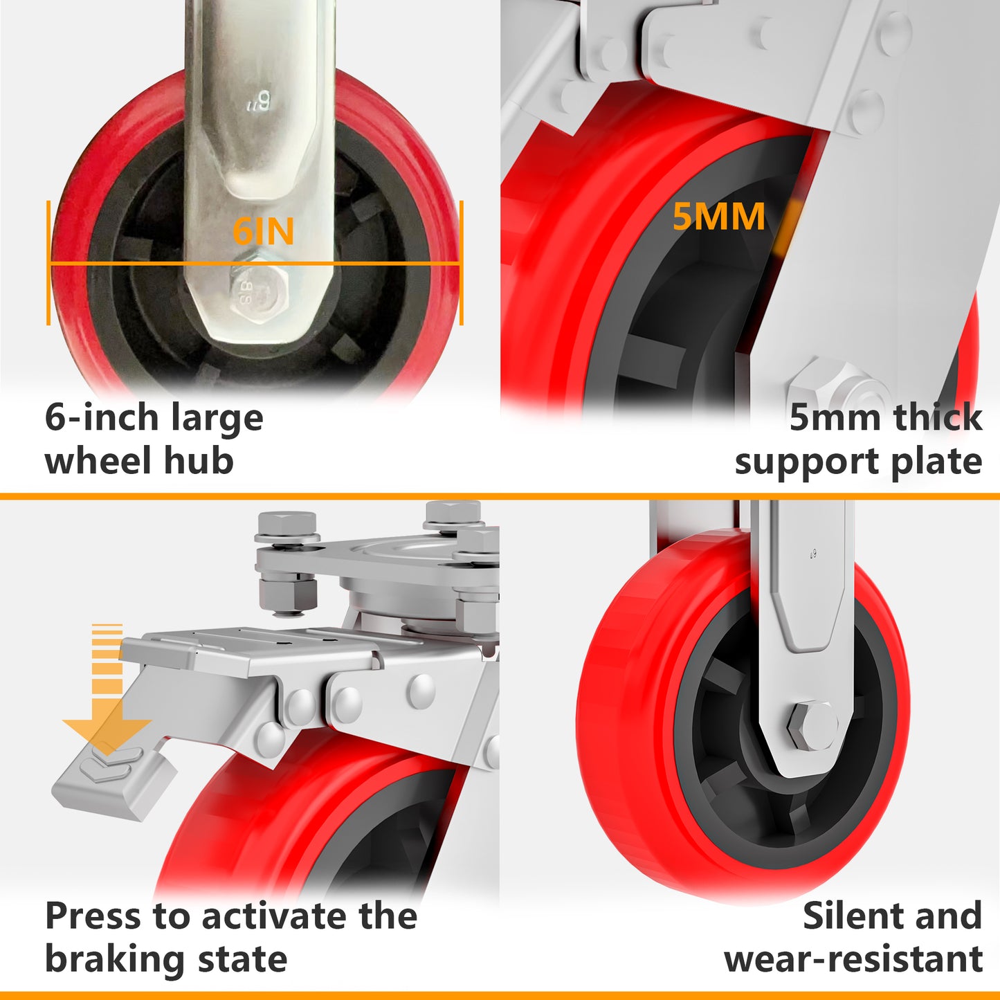Closeup of a inch industrial caster wheel with a red polyurethane tread and a robust metal hub
