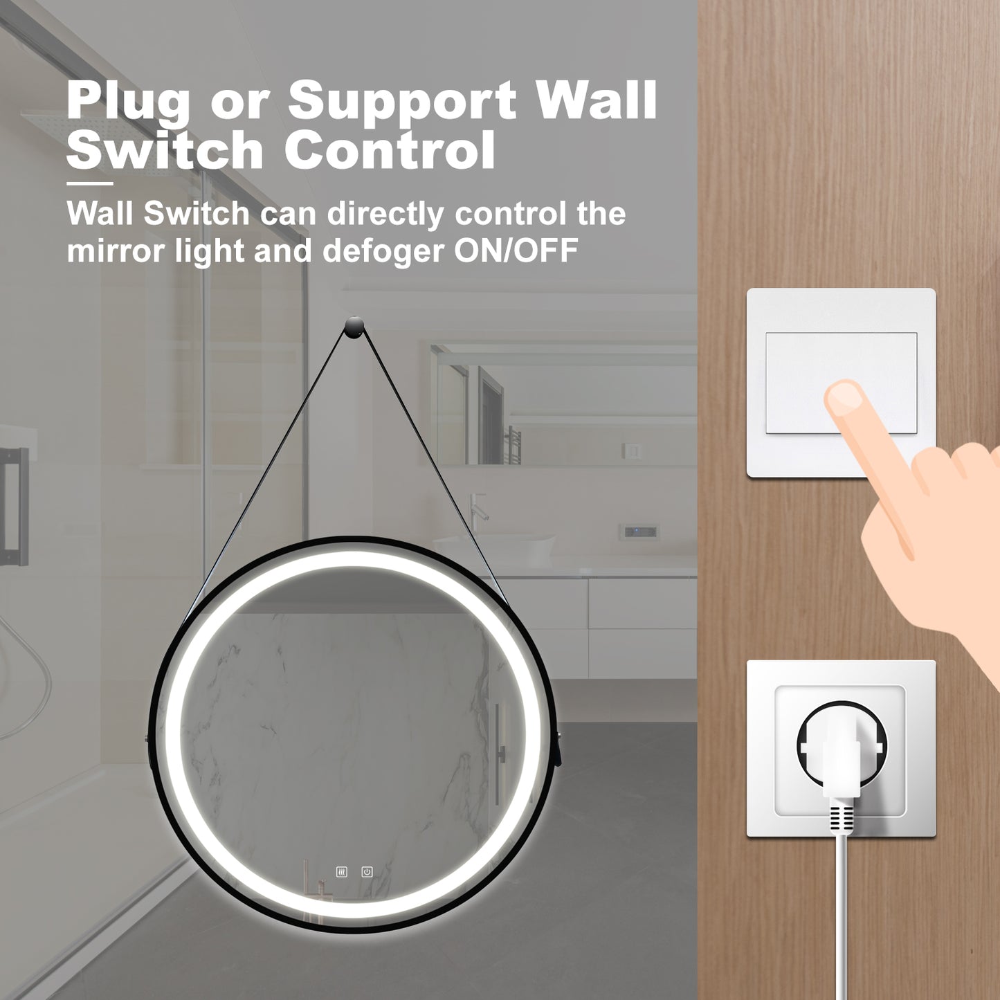 Round LED bathroom mirror with integrated defogger and switch control