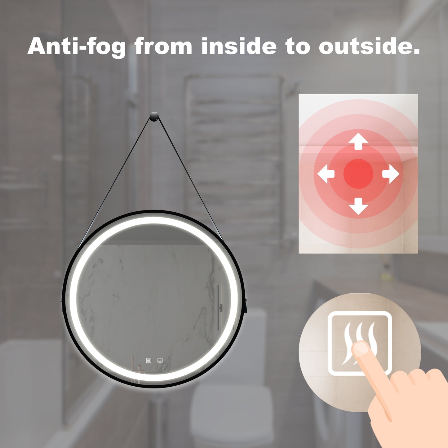Round black framed bathroom mirror with antifog feature and integrated LED lighting